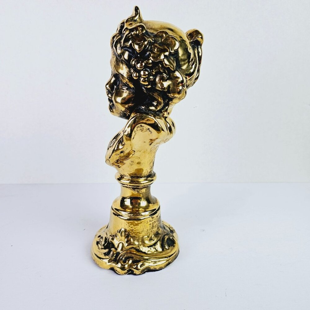 Vtg Shiney Gold Painted Cherub Baby Face Blue Felt Bottom Mini Bust Statue, 10" - Picture 6 of 8
